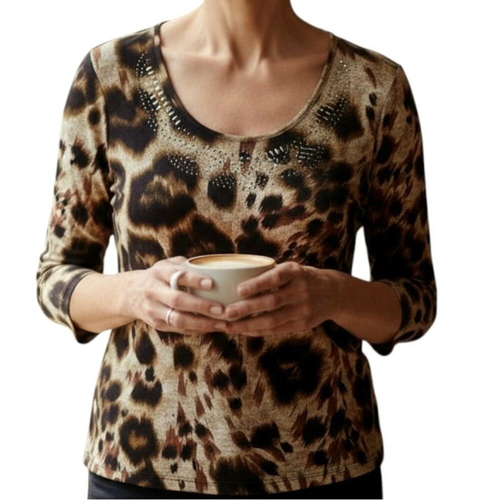 Animal Print Blouse Medium Brown Black Green Embellished Retro Vintage Suzie